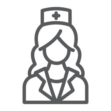 Hemşire satırı simgesi, tıp ve klinik, kadın işareti, vektör grafikleri, Doğrusal model beyaz bir arka planda eps 10.