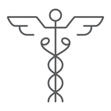 Caduceus ince çizgi simgesi, tıp ve hastane, eczane işareti, vektör grafikleri, Doğrusal model beyaz bir arka planda eps 10.