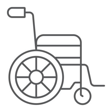 Tekerlekli sandalye ince çizgi simgesi, tıp ve ekipmanları, özürlü işareti, vektör grafikleri, Doğrusal model beyaz bir arka planda eps 10.