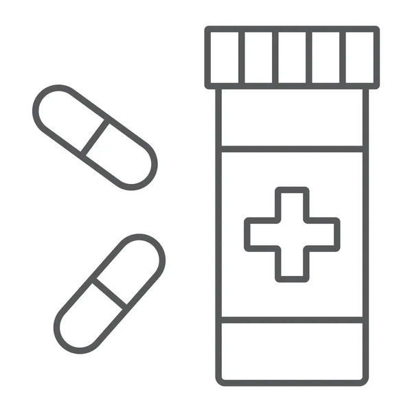 Pictogram van de dunne lijn van de pillen, farmacie en geneeskunde, tablet fles teken, vector graphics, een lineaire patroon op een witte achtergrond, eps 10. — Stockvector