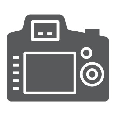 Arka kamera glif simgesi, elektronik ve vektör grafikleri, beyaz bir arka planda eps 10 katı bir model cihaz, dijital fotoğraf kamera işareti,.