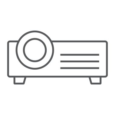 Projektör ince çizgi simgesi, elektronik ve vektör grafikleri, Doğrusal model beyaz bir arka planda eps 10 Semineri, sunum işareti,.