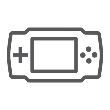 Oyun konsolu satırı simgesi, elektronik ve işareti, vektör grafikleri, Doğrusal model beyaz bir arka planda eps 10 oyun aygıt,.