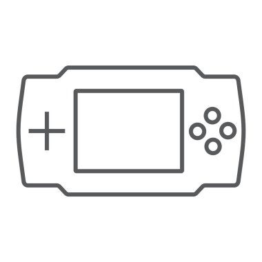 Oyun konsolu ince çizgi simgesi, elektronik ve işareti, vektör grafikleri, Doğrusal model beyaz bir arka planda eps 10 oyun aygıt,.