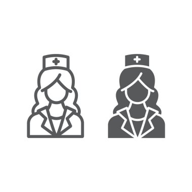 Hemşire satır ve karakter simgesi, tıp ve klinik, kadın işareti, vektör grafikleri, Doğrusal model beyaz bir arka planda eps 10.