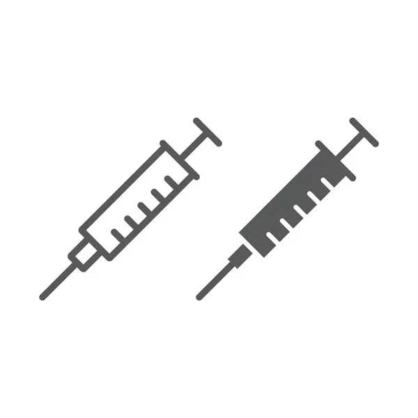 Spritzeninjektionslinie und Glyphen-Symbol, Medizin und Krankenhaus, Nadelzeichen, Vektorgrafik, ein lineares Muster auf weißem Hintergrund, Folge 10. — Stockvektor