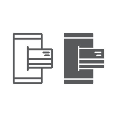 Mobil Bankacılık satır ve karakter simgesi, finans ve bankacılık, ödeme işareti, vektör grafikleri, Doğrusal model beyaz bir arka planda eps 10.