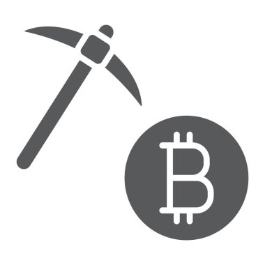 Bitcoin madencilik glif simgesi, para ve finans, cryptocurrency araştırma işareti, vektör grafikleri, beyaz bir arka planda eps 10 katı bir desen.