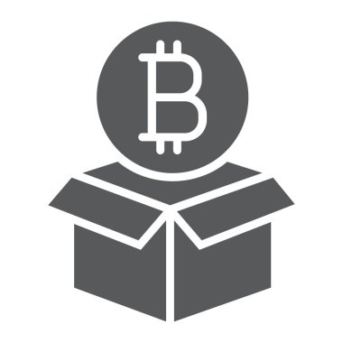 Blok ödül glif simgesi, bitcoin ve para, kutu ve bozuk para işareti, vektör grafikleri, beyaz bir arka planda eps 10 katı bir desen.