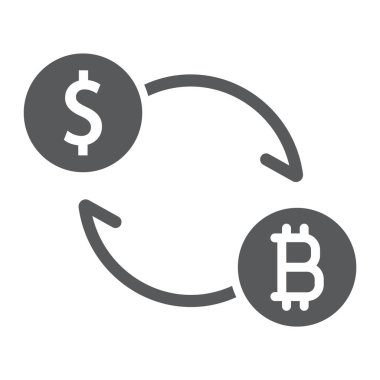 Exchange glif simgesi, bitcoin ve para, para birimi işareti, vektör grafikleri, beyaz bir arka planda eps 10 katı bir desen.