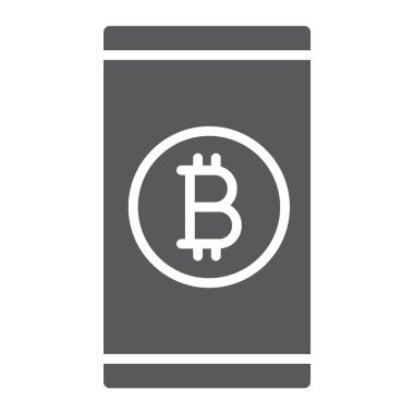 Bitcoin app glif simgesi, finans ve para, telefon işareti, vektör grafikleri, beyaz bir arka planda eps 10 katı bir desen.