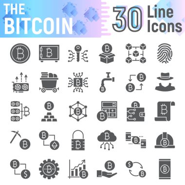 Bitcoin glif Icon set, cryptocurrency semboller koleksiyonu, vektör çizimler, logo illüstrasyonlar, finans işaretleri katı sembollerin paket beyaz arka plan üzerinde eps 10 izole.