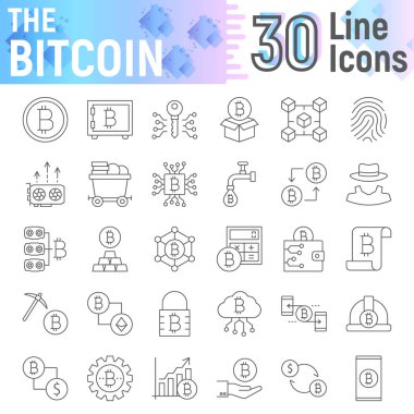 Bitcoin ince bir çizgi Icon set, cryptocurrency semboller koleksiyonu, vektör çizimler, logo illüstrasyonlar, finans işaretleri doğrusal sembollerin paket beyaz arka plan üzerinde eps 10 izole.