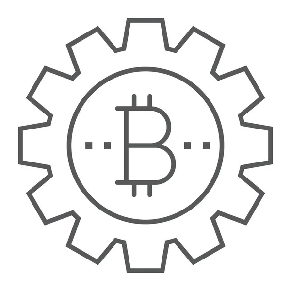 Bitcoin engranaje icono de línea delgada, finanzas y dinero, signo de rueda dentada, gráficos vectoriales, un patrón lineal sobre un fondo blanco, eps 10 . — Vector de stock