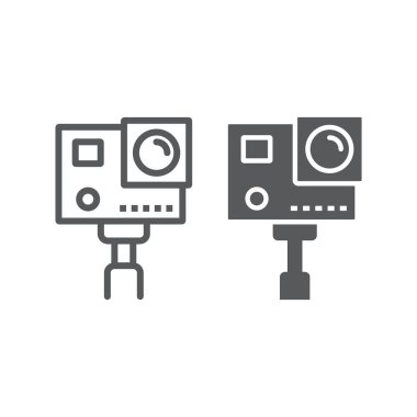 Eylem Kamera satır ve karakter simgesi, elektronik ve digital video işareti, vektör grafikleri, Doğrusal model beyaz bir arka planda eps 10.