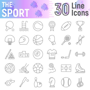İnce çizgi simge seti, fitness semboller koleksiyonu, vektör çizimler, spor logo resimler, beyaz arka plan üzerinde eps 10 izole oyun işaretleri doğrusal sembollerin paketi.