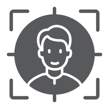 Kimliği glif simgesi yüz, yüz tanıma ve yüz tanıma, yüz tarama işareti, vektör grafikleri, beyaz bir arka planda eps 10 katı bir desen.