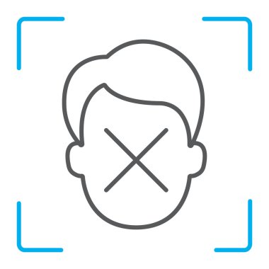 Yüz kimliği ince çizgi simgesini reddetme, yüz tanıma ve yüz tanıma, yüz tarama işareti, vektör grafikleri, Doğrusal model beyaz bir arka planda eps 10.