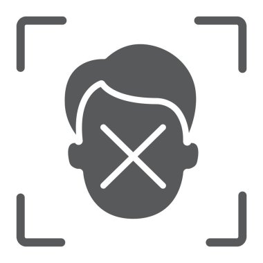 Yüz kimliği glif simgesi reddetme, yüz tanıma ve yüz tanıma, yüz tarama işareti, vektör grafikleri, beyaz bir arka planda eps 10 katı bir desen.