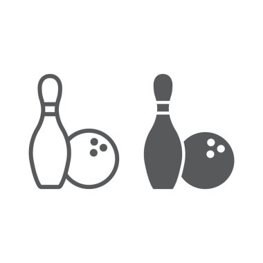 Bowling satır ve karakter simgesi, oyun ve spor, bowling iğne ve topu işareti, vektör grafikleri, Doğrusal model beyaz bir arka planda eps 10.