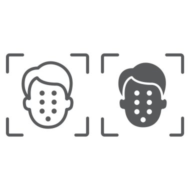 Yüz kimliği satır ve karakter simgesi, yüz tanıma ve yüz tanımlama, yüz tarama işareti, vektör grafikleri, Doğrusal model beyaz bir arka planda eps 10.