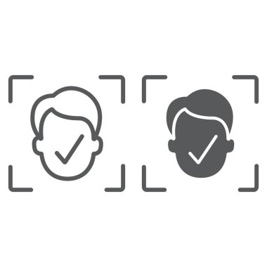 Yüz kimliği satır ve karakter simgesi, yüz tanıma ve yüz tanımlama, yüz tarama işareti, vektör grafikleri, Doğrusal model beyaz bir arka planda eps 10.