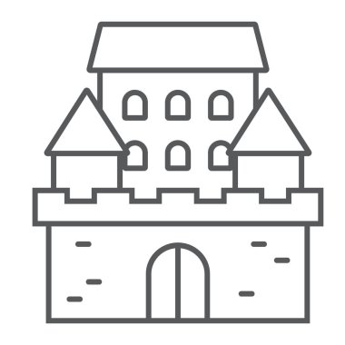 Kale ince çizgi simgesi, mimarisi ve fort, perili ev işareti, vektör grafikleri, Doğrusal model beyaz bir arka planda eps 10.