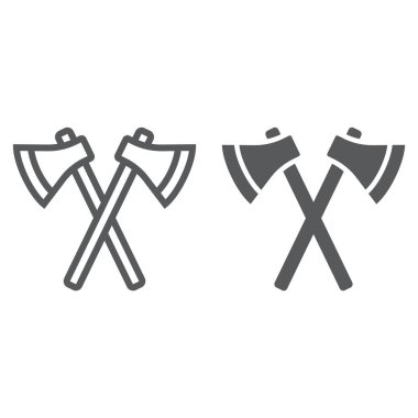 Eksen satır ve karakter simgesi, silah ve balta, çapraz eksen işareti, vektör grafikleri, Doğrusal model beyaz bir arka planda eps 10.