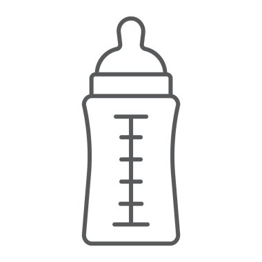 Bebek şişe ince çizgi simgesi, besi ve süt, konteyner işareti, vektör grafikleri, Doğrusal model beyaz bir arka plan üzerinde.