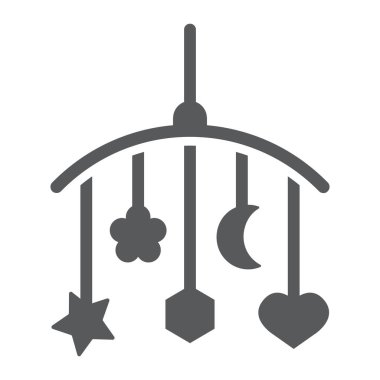 Asılı oyuncakları glif simgesi, çocuk ve yatak, beşik işareti, vektör grafikleri, beyaz zemin üzerinde sağlam bir desen.