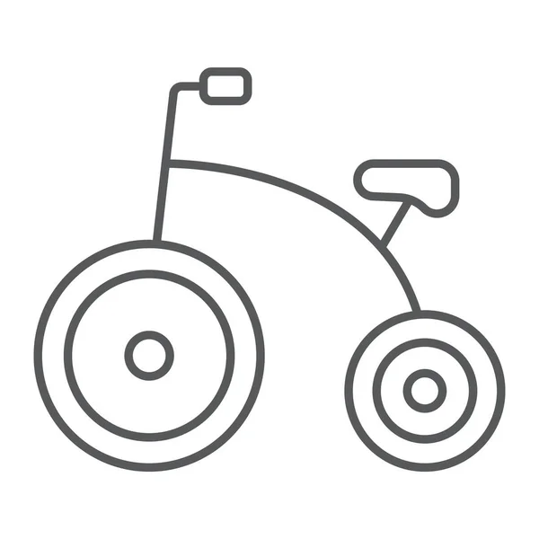 Triciclo icono de línea delgada, bicicleta y niño, signo de bicicleta, gráficos vectoriales, un patrón lineal sobre un fondo blanco . — Vector de stock