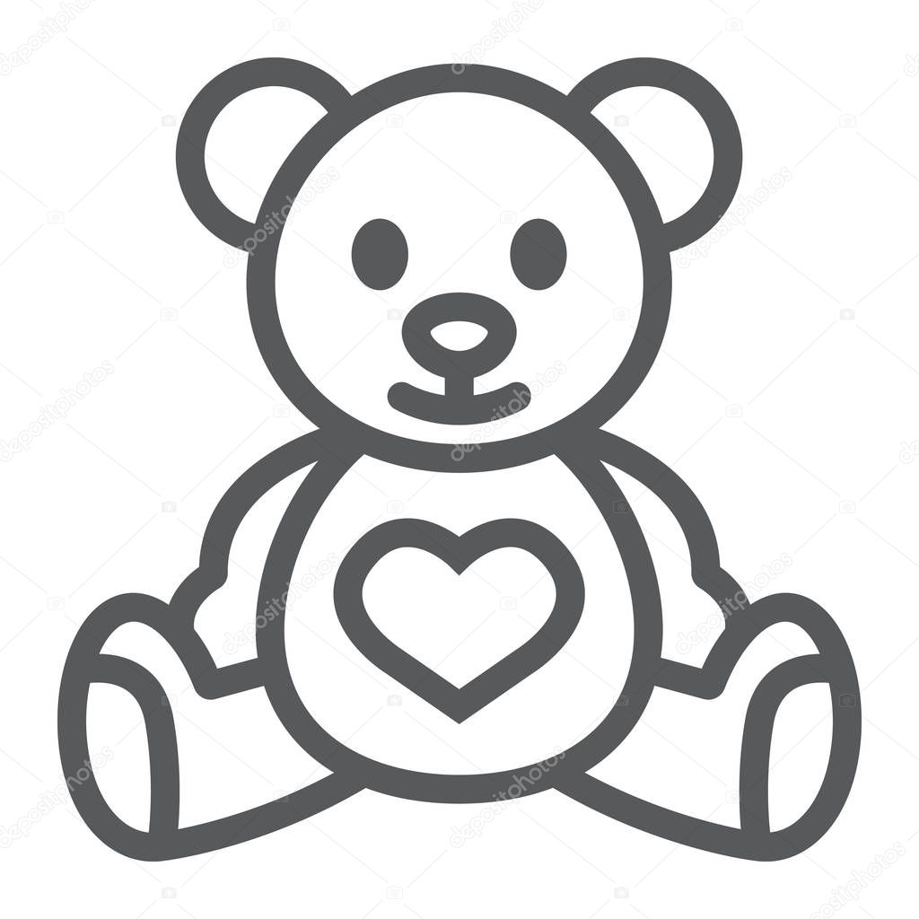Teddy bear line icon, child and toy, animal sign, vector graphics, a linear pattern on a white background.