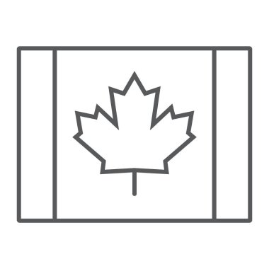 Kanada bayrağı ince çizgi simgesi, Kanada ve akçaağaç, yaprak işareti, vektör grafikleri, Doğrusal model beyaz bir arka plan üzerinde.