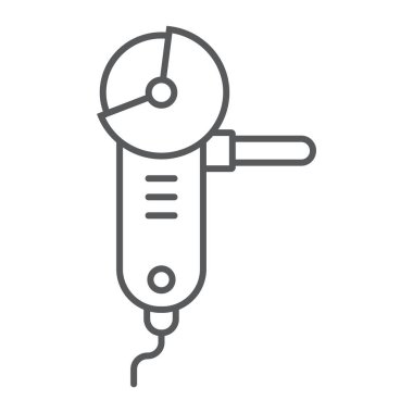 Açı değirmeni ince çizgi simgesini, alet ve ekipman, kesme işareti, vektör grafikleri, Doğrusal model beyaz bir arka plan üzerinde.