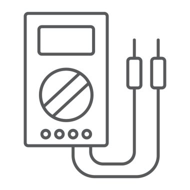 Dijital multimetre ince çizgi simgesi, aracı ve aletleri, elektrik volmeter işareti, vektör grafikleri, Doğrusal model beyaz bir arka plan üzerinde.