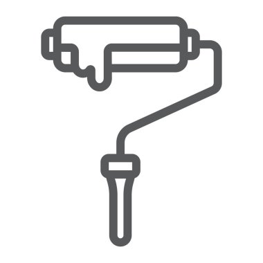 Boya silindiri satırı simgesi, aracı ve rulo, ressam işareti, vektör grafikleri, Doğrusal model beyaz bir arka plan üzerinde.