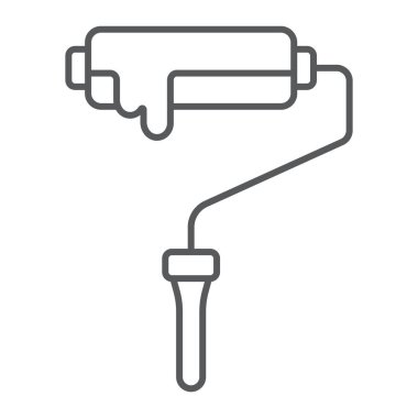 Boya silindiri ince çizgi simgesi, aracı ve rulo, ressam işareti, vektör grafikleri, Doğrusal model beyaz bir arka plan üzerinde.