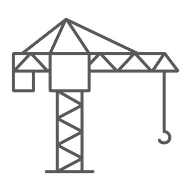 Kule vinç ince çizgi simgesi, vinç kaldırma ve bina, inşaat işareti, vektör grafikleri, doğrusal bir desen
