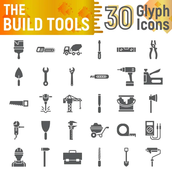 Conjunto de iconos de glifo de herramientas de construcción, colección de símbolos de construcción, bocetos vectoriales, ilustraciones de logotipo, signos de equipo — Vector de stock