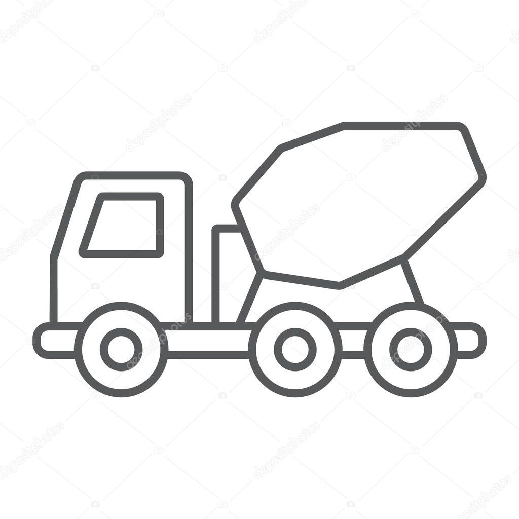 Concrete mixer truck thin line icon, transport and build, construction vehicle sign, vector graphics, a linear