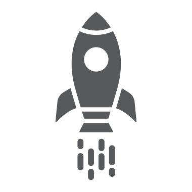 Uzay gemisi glif simgesi, servisi ve evren, roket işareti, vektör grafikleri, beyaz zemin üzerinde sağlam bir desen.