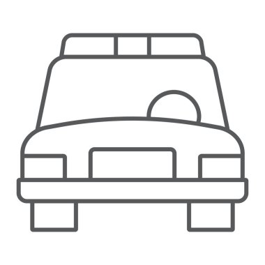 Polis araba ince çizgi simgesi, otomobil ve karakol, polis işareti, vektör grafikleri, Doğrusal model beyaz bir arka plan üzerinde.