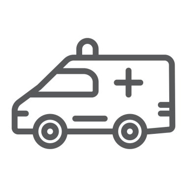 Ambulans satırı simgesi, tıp ve araba, acil durum işareti, vektör grafikleri, Doğrusal model beyaz bir arka plan üzerinde.