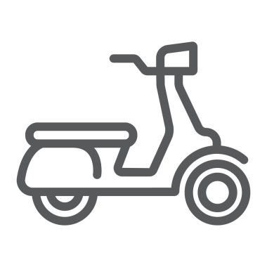 Scooter satırı simgesi, araç ve taşıma, motosiklet işareti, vektör grafikleri, Doğrusal model beyaz bir arka plan üzerinde.
