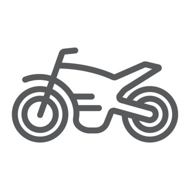 Motosiklet satırı simgesi, araç ve döngüsü, motosiklet işareti, vektör grafik, bir doğrusal model beyaz bir arka plan üzerinde.