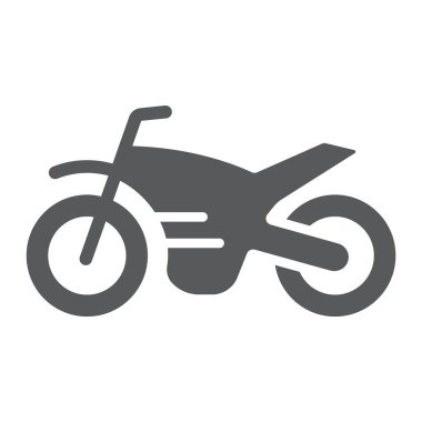 Motosiklet glif simgesi, araç ve döngüsü, motosiklet işareti, vektör grafikleri, beyaz zemin üzerinde sağlam bir desen.