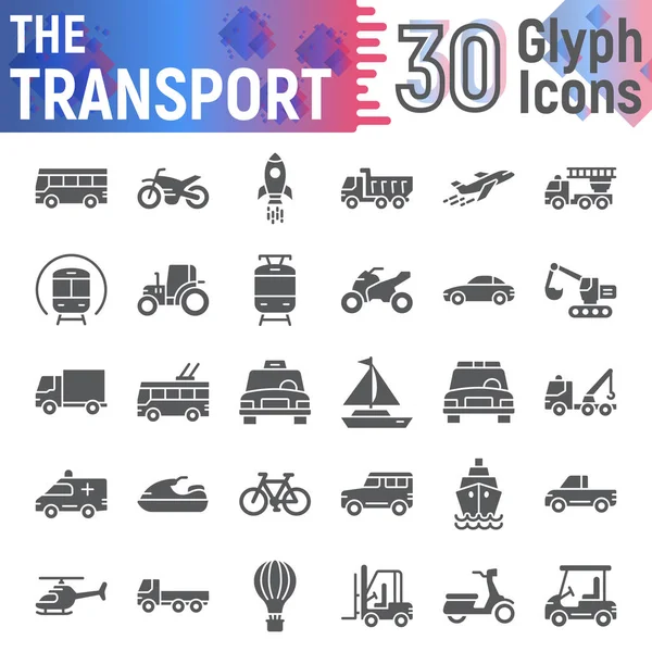 Conjunto de iconos de glifo de transporte, colección de símbolos de vehículo, bocetos vectoriales, ilustraciones de logotipo, signos de otoño paquete pictogramas sólidos aislados sobre fondo blanco . — Vector de stock