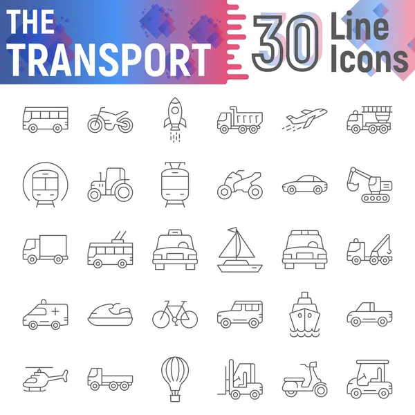 Ensemble d'icônes de ligne mince de transport, collection de symboles de véhicule, croquis vectoriels, illustrations de logo, pictogrammes linéaires de signes de voiture paquet isolé sur fond blanc . — Image vectorielle