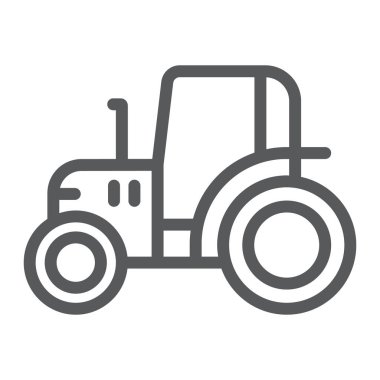 Traktör satırı simgesi, çiftlik ve tarım, araç işareti, vektör grafik, bir doğrusal model beyaz bir arka plan üzerinde.