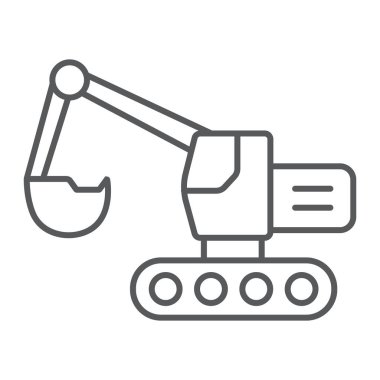 Ekskavatör ince çizgi simgesi, taşıma ve makine, kazıcı işareti, vektör grafikleri, Doğrusal model beyaz bir arka plan üzerinde.
